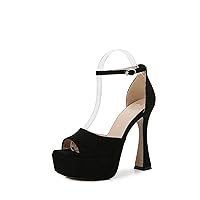 Women's Platform Suede Buckle Strap Square Toe Block High Heels Fashion One Word Strap Open Toe Chunky Sandals (8.5,Black)