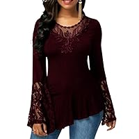 Women's Lace Tops Formal Casual Long Sleeve Tunic Shirt Slim Fit Lace Patchwork Loose Summer Shirt
