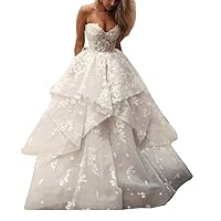 Women's Strapless Lace 3D Applique Tiered Wedding Dresses for Bride with Train Bridal Ball Gown Plus Size
