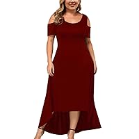 Women's Summer Dress Ladies Women's Plus Size Casual Off Shoulder Maxi Dress O Neck A Line Elegant Dress(Red,5X-Large)