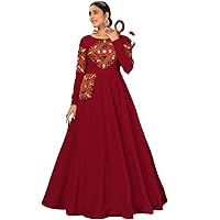 Women's Satin Anarkali Long Dress - Women's Net Embroidered Semi-Stitched Anarkali Long Dress