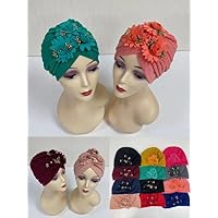 MSBRIC African Women Turban Cap for Ladies Hats Nigerian Turban Gele Small Cap with Stones A Dozen - A Dozen Color 3933