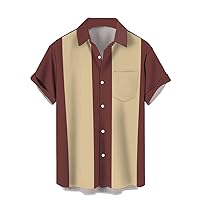 QIVICIMA Men's Retro Bowling Shirts 50s Vintage Button Down Shirts Color Block Active Shirts