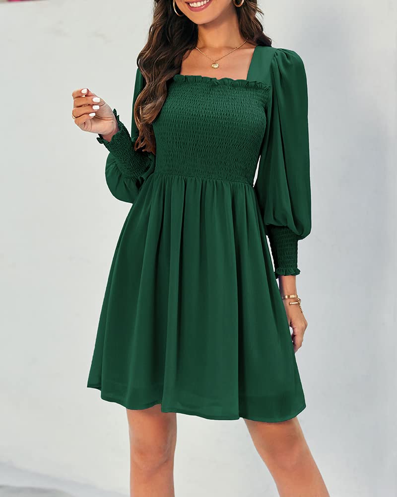 Damorong Women's 2023 Spring Summer Dresses Square Neck Smocked Casual Flowy Puff Long Sleeve Ruffle Party Mini Dress Beach