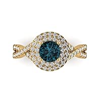 Clara Pucci 1.5 ct Round Cut Solitaire double halo Natural London Blue Topaz Accent Anniversary Promise Engagement ring 18K Yellow Gold