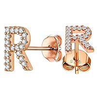 Hypoallergenic Initial Earrings Rose Gold Plated Dainty Minimalist Jewelry Cubic Zirconia Alphabet A-Z Letter Stud Earrings for Women Girls Sensitive Ears, Letter R