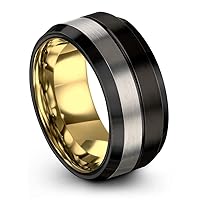 Tungsten Wedding Band Ring 10mm for Men Women Bevel Edge Black 18K Yellow Gold Center Line Brushed Polished