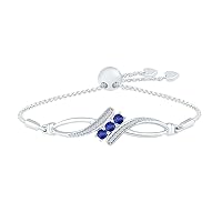 DGOLD 925 Sterling Silver White Round Diamond & Round Blue Sapphire Adjustable Bolo Bracelet