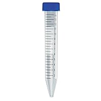 Globe Scientific 6285 Polypropylene Centrifuge Tube with Attached Blue Flat Top Screw Cap, Sterile, Printed Graduation, Bag Pack, 15mL Capacity (Case of 500)