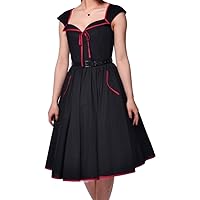 (XS, SM, MD, LG, XL) Sweet Stella - Black w Red Trim 40s 50s Retro Cotton Flared Dress