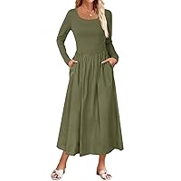 MEROKEETY Women's 2024 Long Sleeve Scoop Neck Dress Casual Loose A line Midi Dresses with Pockets