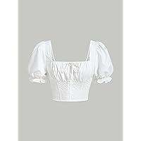 Women's Tops Women's Shirts Square Neck Ruched Bust Puff Sleeve Crop Blouse Women's Tops Shirts for Women (Color : White, Size : X-Small)
