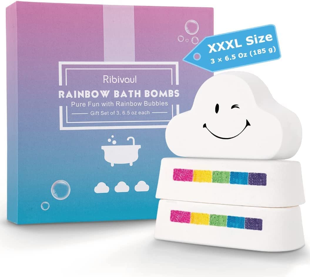 Bath Bombs Gift Set, Ribivaul Rainbow Bath Bombs XXXL Size 6.5 oz ×3 Handmade Bath Bombs with Natural Ingredients, Bath Bomb for Kids with Colorful Bubbles, Great Gift Idea for Halloween, Christmas