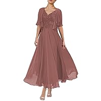 A-Line Mother of The Bride Dress Formal V Neck Tea Length Wedding Guest Dresses with Pleats Appliques 2023 JS052