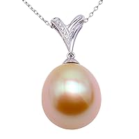 JYX Pearl 18K Gold Pendant 13x14mm Oval Golden South Sea Cultured Pearl Pendant Necklace Dotted with Diamonds for Women