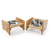 FOREYY Set of 2 Raised Pet Bowls for Cats and Small Dogs - Bamboo Tilted Single Elevated Dog Cat Food and Water Bowls Stand Feeder with 3 Stainless Steel Bowls and Anti Slip Feet for Comfort Feeding