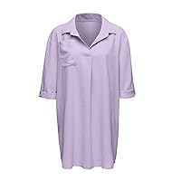 Womens Button Down Shirt Dress Deep V Neck 3/4 Sleeve Solid Color Dress Loose Fit T-Shirt Tunic Short Dress with Pockets