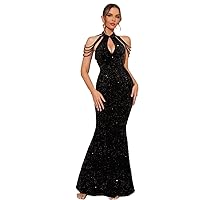 Prom Dress Backless Sequin Mermaid Hem Formal Dress (Color : Black, Size : Large)