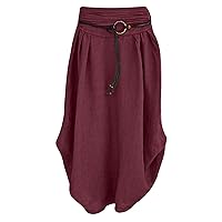 Linen Blend Skirt for Women Vintage Ruched High Waisted Midi Skirt Solid Color Comfort Cotton Skirt Asymmetrical Hem Skirt