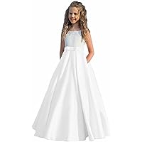 Girl's Satin Flower Girl Dress First Communion Dress Kids Wedding Ball Gowns White
