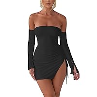 Women's Sexy Summer Drawstring Long Sleeve Off Shoulder Backless Side Slit Bodycon Ruched Mini Dress