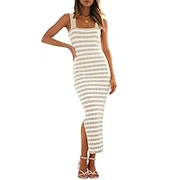 MEROKEETY Women's 2024 Summer Striped Knit Bodycon Midi Dress Square Neck Side Slit Tank Ribbed Sweater Dresses