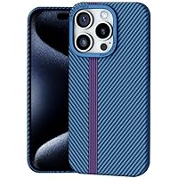 ONNAT-Carbon Fiber Texture Case for iPhone 15 Pro Max Lens Screen Protection Wireless Charging Support Anti-Fingerprint Protective Case (Blue)