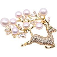 JYX Pearl Pin Delicate Deer-shape 7-9mm White Freshwater Pearl Brooch with Zircons for Womens Gifts