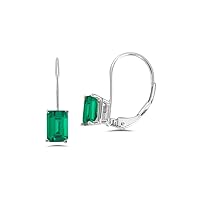 Lab Created Emerald Cut Lever Back Emerald Stud Earrings in 14K White Gold Availabe in 6x4mm - 9x7mm