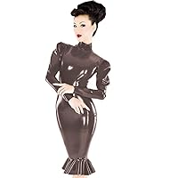 Plus Size Gothic Puff Sleeve Mermaid Dress Ladies PVC Midi Vestido (Dark Brown,7XL)