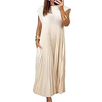 Womens Summer Cap Short Sleeve Maxi Dress 2024 Pleated Casual Loose Long Dresses with Pockets