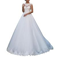 VeraQueen Women's Sheer Neck Lace Wedding Dresses Short Sleeves Open Back Prom Ball Gown White