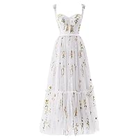 Sevintage Floral Embroidery Tulle Prom Dress for Women Cap Sleeve Tea Length Formal Party Gown