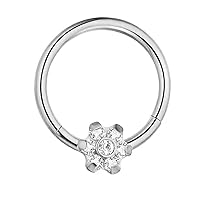 Flower with Cz Stone 16 Gauge 316L Surgical Steel Hinged Segment Ring Septum Piercing Jewelry