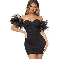 2024 Women's Off Shoulder Organza Sleeve Ruched Bodycon Dress