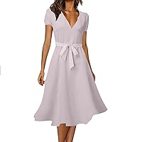 Women's 2024 Floral Boho Dress Wrap V Neck Short Sleeve Belted A-Line Flowy Maxi Dresses Spring Dresses for Women