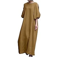 Tunic Dress for Women Puff Sleeve Linen Dresses for Women 2024 Casual Maxi Dress Round Neck Vacation Dresses Summer Loose Trendy Sundress Vestidos para Mujer Brown