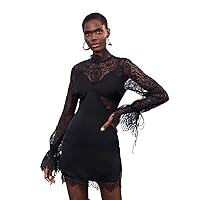 Womens Fall Fashion 2022 Contrast Lace Flounce Sleeve Bodycon Dress (Color : Black, Size : X-Small)