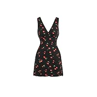 Dresses for Women Cherry Print V Neck Dress (Color : Black, Size : Small)
