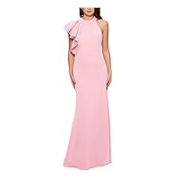 Betsy & Adam Womens Stretch Zippered Hook and Eye Closure Flutter Sleeve Halter Full-Length Cocktail Gown Dress