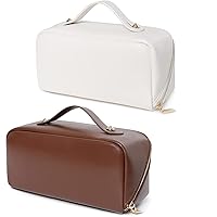 White and Brown Large Opening Makeup Bag