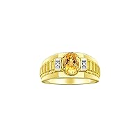 Rylos Men's Rings 14K Yellow Gold Rings Classic Designer Style 8X6MM Oval Gemstone & Sparkling Diamond Ring - Color Stone Birthstone Rings for Men, Sizes 8-13. Mens Jewelry