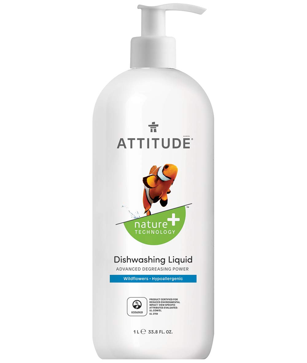 ATTITUDE Dish Detergent, Plant- and Mineral-Based Effective Dishwashing Liquid Soap Formula, Biodegradable, Vegan and Cruelty-free, Wildflowers, 33.8 Fl Oz (Pack of 6)