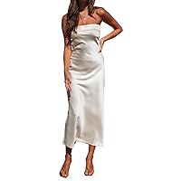 Women Sexy Off Shoulder Dress Solid Color Sleeveless Backless Strapless Elastic Strap Silk Cocktail Party Wedding Dress