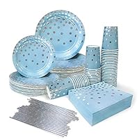 Ottin 250PCS Blue and Silver Party Supplies 50 Guests Paper Plates and Napkins Set for Wedding Boy or Girl's Birthday Baby Shower Bridal Shower Engagement Blue Themed Party