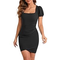 oten Women's Summer Square Neck Puff Short Sleeve Bodycon Cocktail Party Ruched Wrap Wedding Guest Mini Dress
