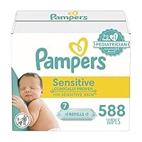 Pampers Sensitive Baby Wipes, Water Based, Hypoallergenic and Unscented, 7 Refill Packs (588 Wipes Total)