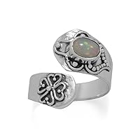 925 Sterling Silver Oxidized Ethiopian Opal Wrap Ring Spoon 5mm X 7mm White Jewelry for Women - Ring Size Options: 5 6 7 8 9