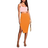 Pink Queen Women's 2 Piece Scoop Neck Sleeveless Ribbed Tank Top Bodycon Slit Midi Skirt Outfit Dress Sets