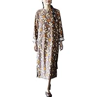 Women's Long Sleeve Collar Floral Long Cheongsam Dress Cotton Qipao Style A Coffee M